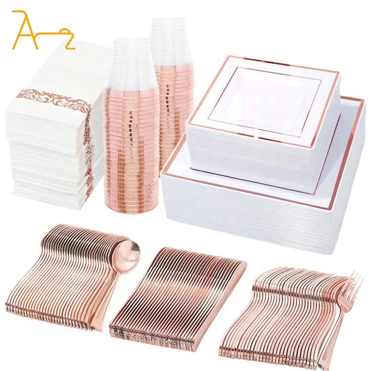 High quality banquet silver gold rose gold rimmed luxury cutlery wedding party plates sets plastic disposable tableware