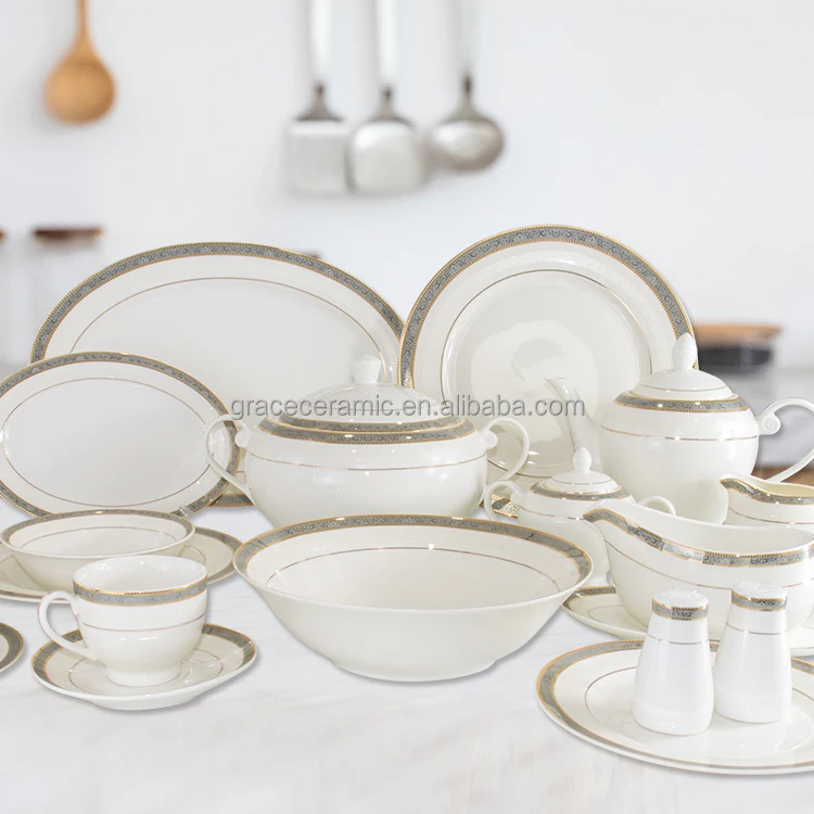 Персонализированный столовый набор для ближневосточного рынка 72 шт. Dubai посуда фарфоровые наборы посуды с серебряным ободом
