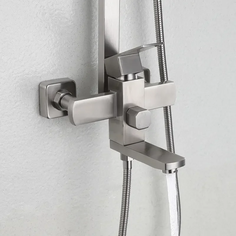 304 Stainless Steel Wall-Mounted Rainfall Bath Tub Shower Faucet Top Shower and Hand Shower Set Made of Brass