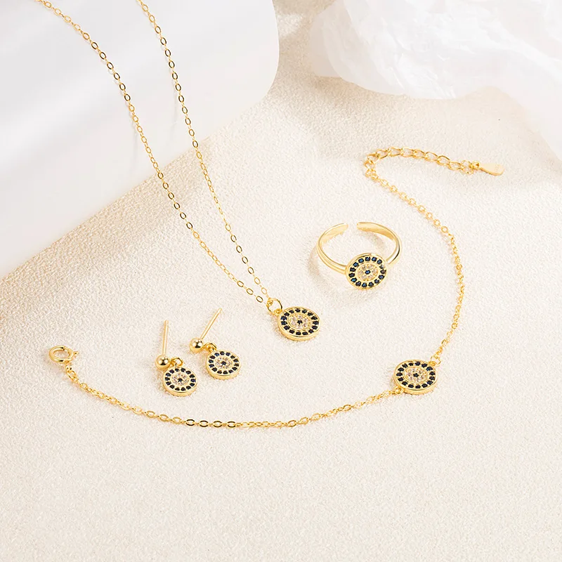 Simple Fine Jewelry Evil eye Jewelry Set S925 Sterling Silver Gold plated Inlay Diamond Round Necklace Earrings Ring Jewelry Set