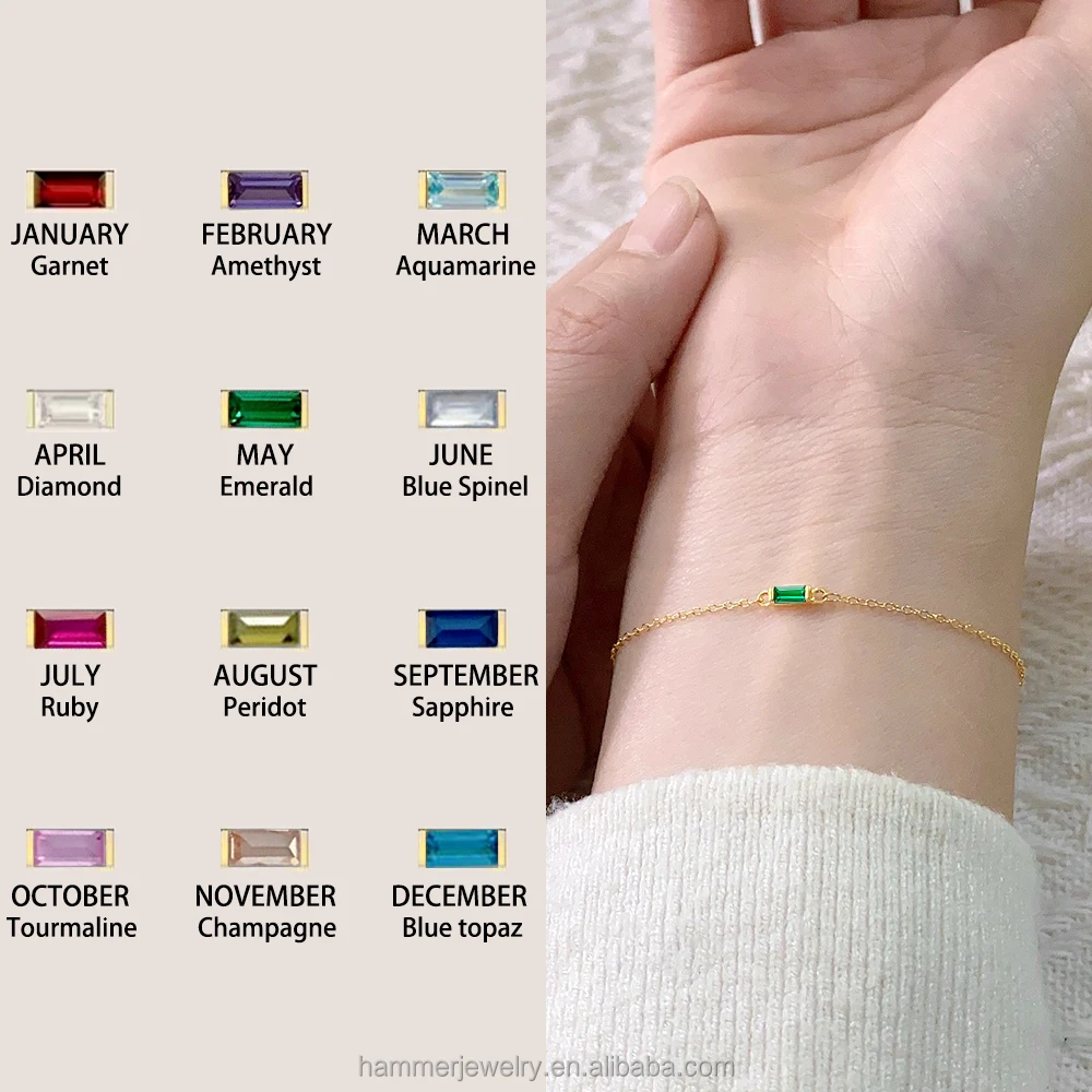 Fashion 925 Sterling Silver 14K Gold Plated Birth Stone Jewelry 12 Months Birthstone Mini Colored Zircon Hoop Bracelets