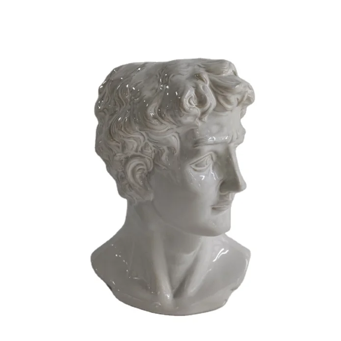 Roman Head Statue White Ceramic Flower Pot