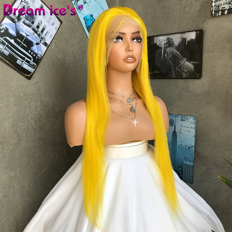 Yellow Cosplay Wig Human Hair Long Straight 13x4 Lace Frontal Wigs for Women Purple Blonde Colorful Wig Middle Part Nature Hair
