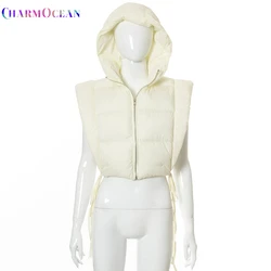 R10015 - fashion solid hooded hollow out bandage sleeveless women cotton padded jacket