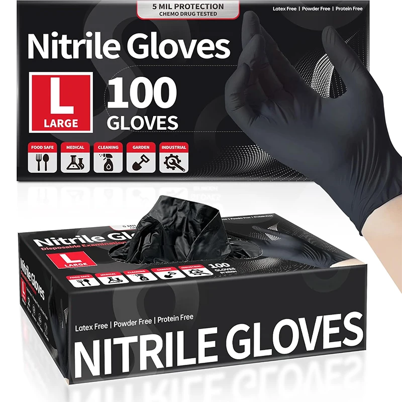 Латексные беспорошкообразные одноразовые нехирургические черные нитриловые текстурированные перчатки 5Mil для татуировки