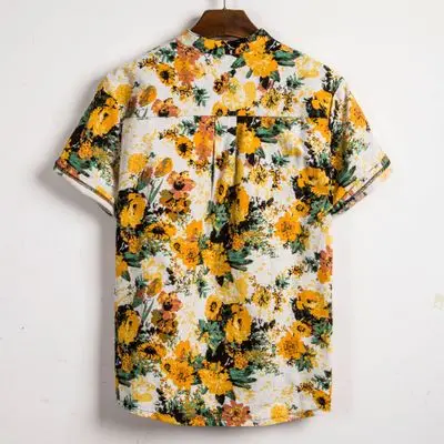Hot sale Short Sleeve Casual Flower Cotton Linen shirt for men