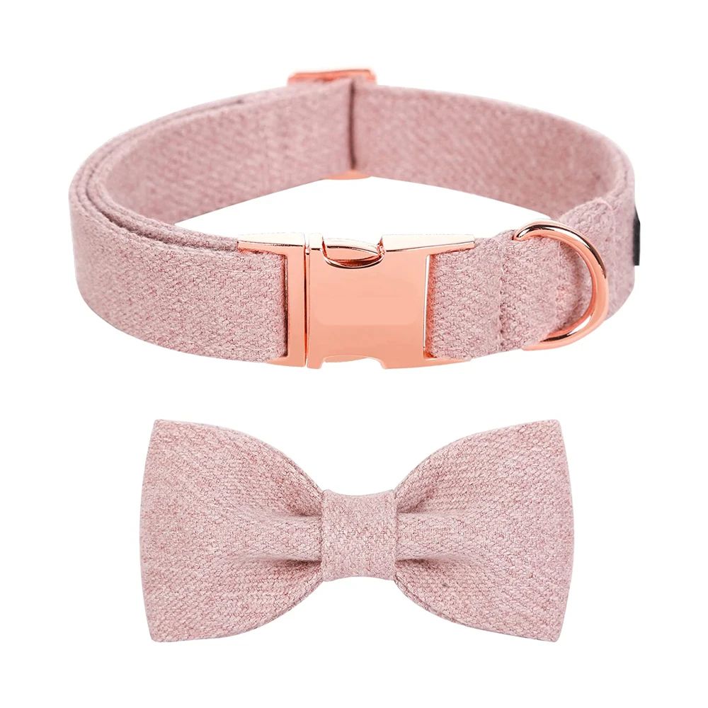 Fancy Webbing Dog Collar Gifts With Detachable Bowtie Sublimation Hemp Fabric Cotton Custom Rose Gold Metal Buckle