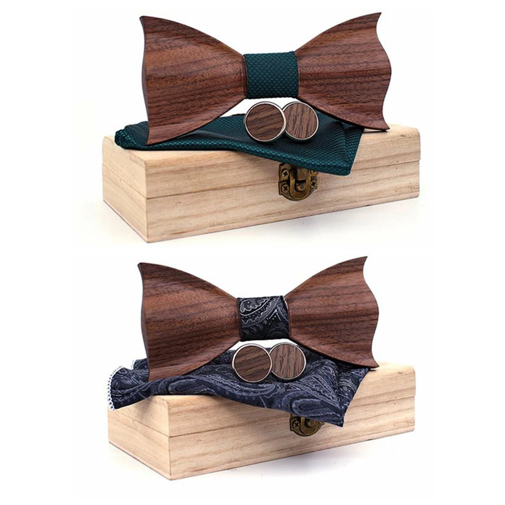 3D Wedding Wooden Bow ties Set For Men Wood Men Bow Tie Hanky Set With Cufflinks In Wooden Gift Box