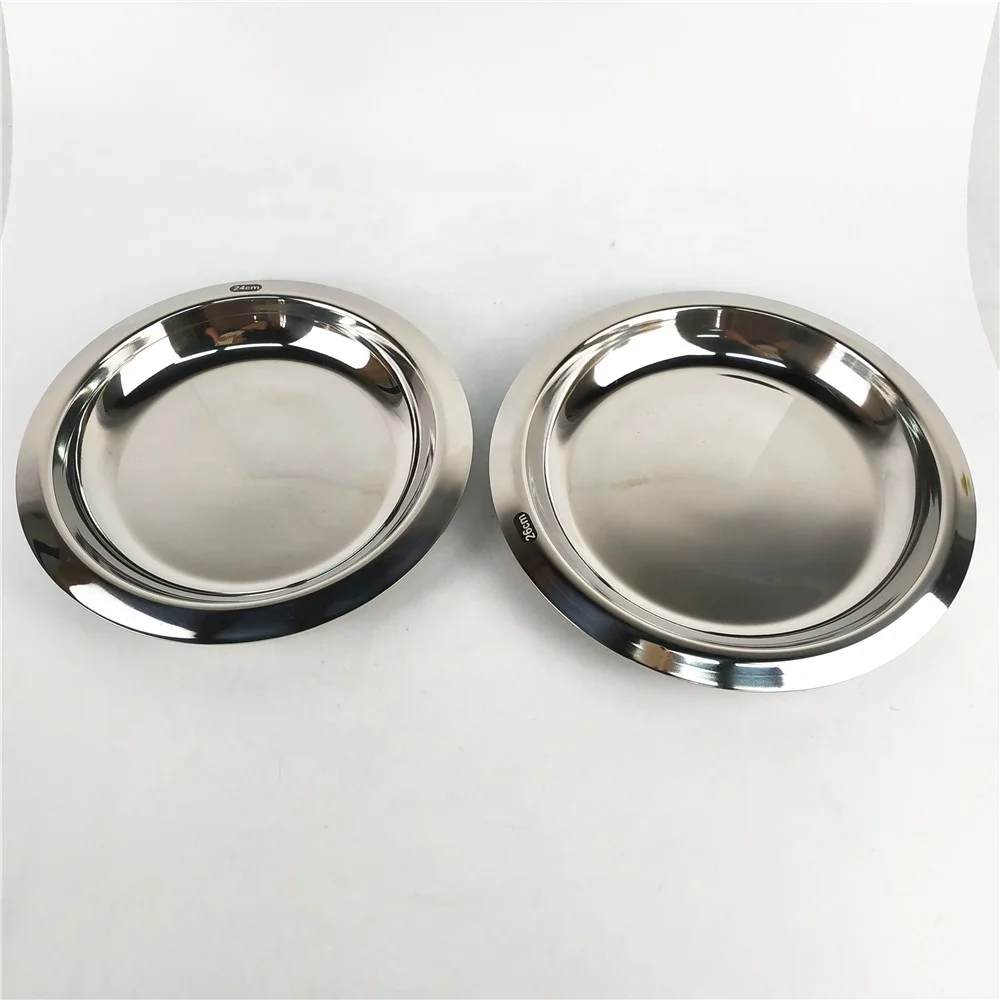 Thicken Deep Metal Round Tray Stainless Steel Serving Soup Plate Dish with Wide Rim