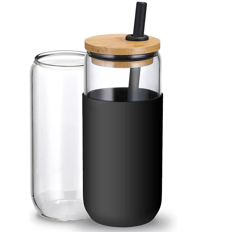 20oz custom logo bamboo lid thermos vacuum cup flasks silicone sleeve glass water drinking bottle with straw