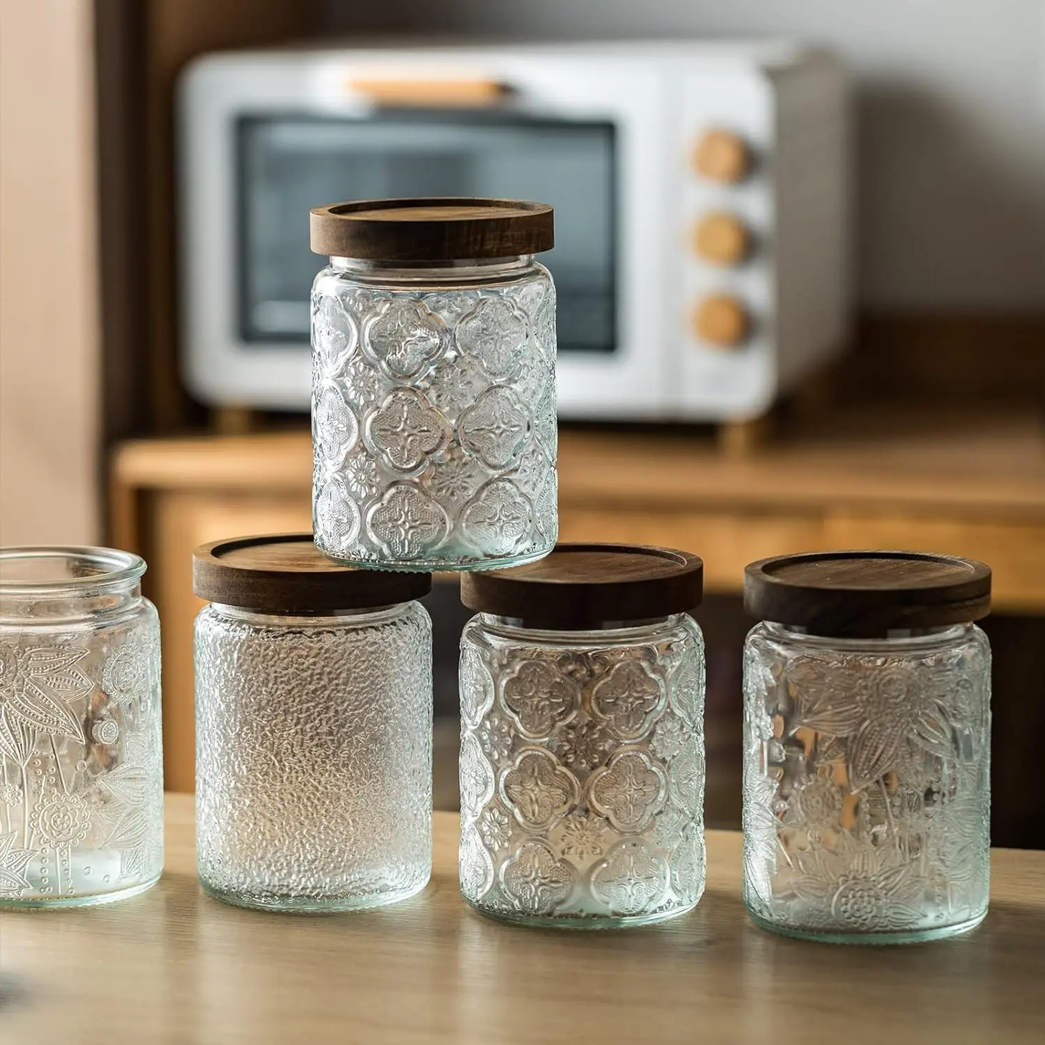 Vintage Glass Airtight Storage Jar With Airtight Wood Lid Kitchen Food Containers for Candy, Coffee Tea Beans