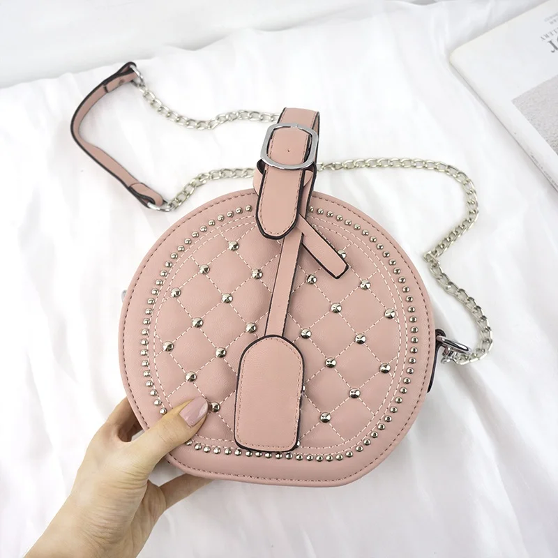 Luxury Round Handbag For Women Rivet Messenger Crossbody Bags Female Shoulder Bag PU Leather Ladies Purse Top Handle