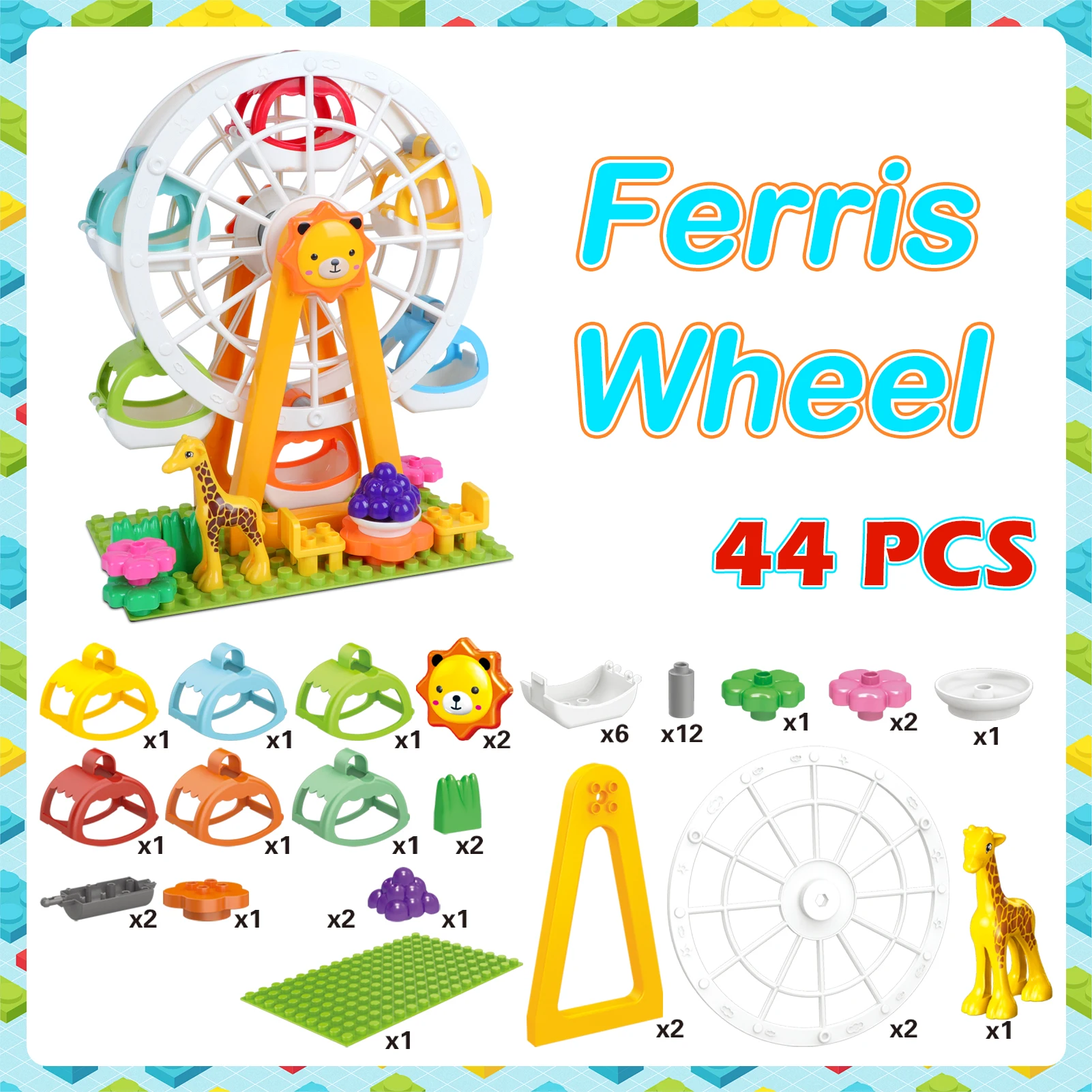 44PCS Ferris Wheel Building Blocks Sets, 3D Amusement Park Model Kit, Large Bricks Classic Creative Construction Toy for Toddler