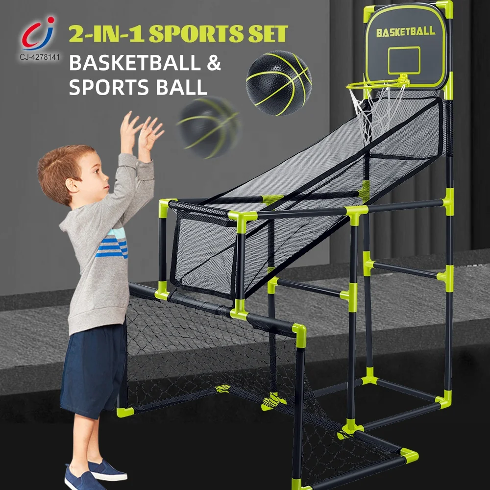 Chengji basketball hoop soccer goal kids 2 in 1 sports set toys boy moveable outdoor basketball hoop stands with backboard