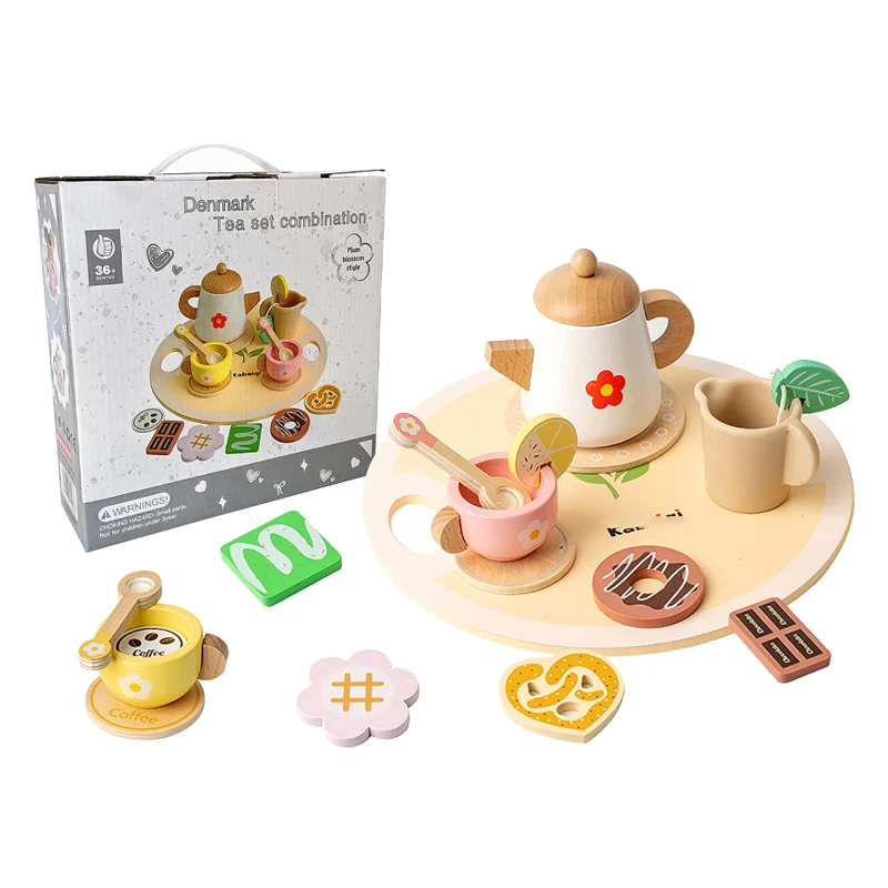 Wooden Tea Set for Little Girls Pretend Play Toy Kitchen Accessories Set for Kids Montessori Tea Time Party Food Toys