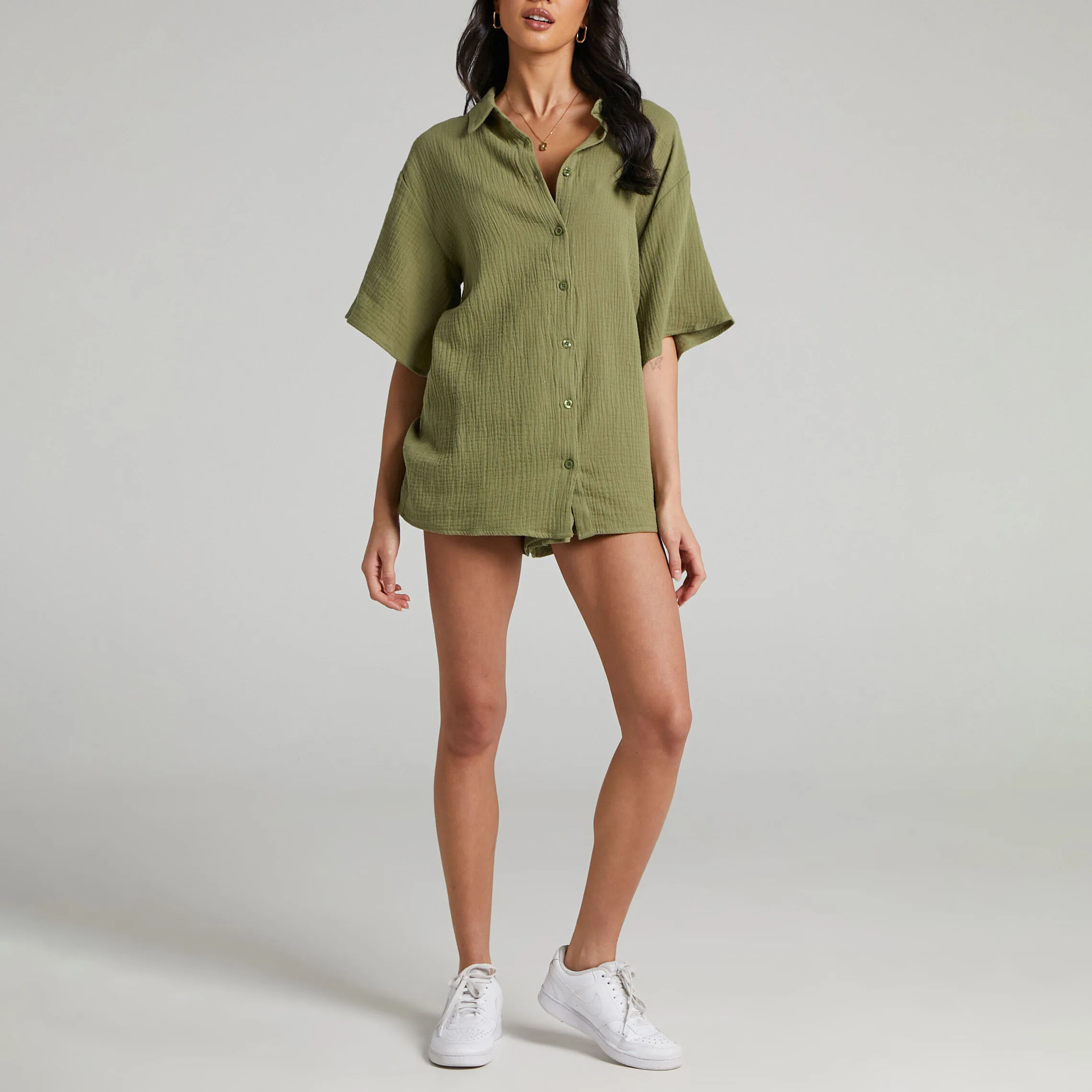 Boxy High Quality Muslin Shirt Set Custom Women Loose Drop Shoulder Button Up Shirt And Elastic High Waist Muslin Shorts Set