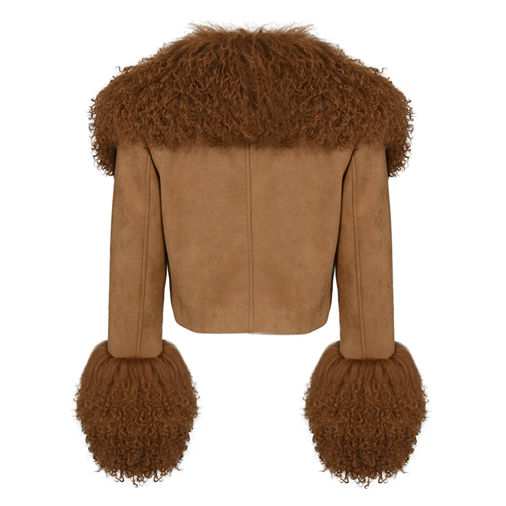 Full Sleeves Soft Women Genuine Sheepskin Coat Lamb Fur Collar Fall Winter OEM Custom Logo Cropped Real Sude Leather Jackets