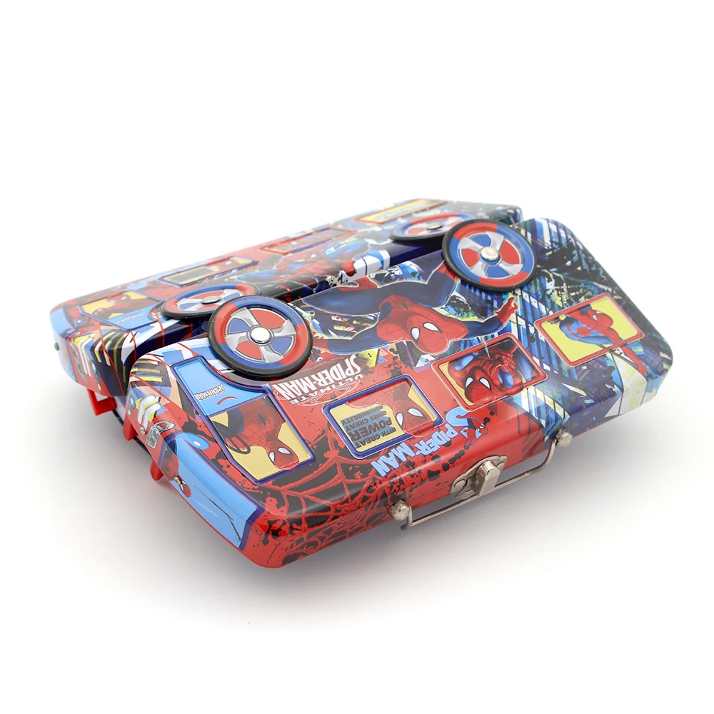 New design custom printed large car shape metal tin pencil box popular empty hinged kid spider man tin pencil case