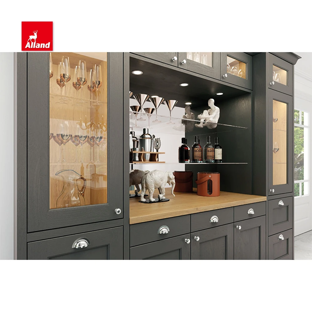 AllandCabinet Customized Grey Lacquer MDF Painted Nature Wood Shaker Recessed Raised Kitchen Cabinet with Island Glass Door