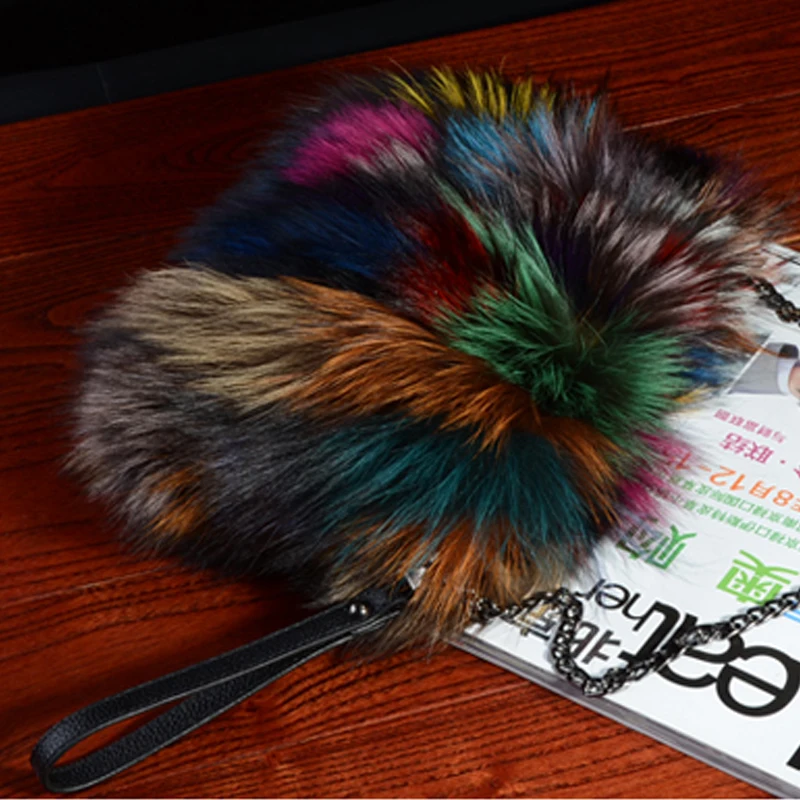 Fluffy fox fur clutch real fur fashion women purse winter multi color fur shoulder bags with metal chain