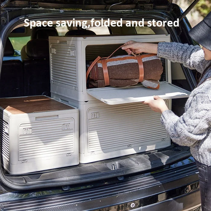 Anjuny Custom Logo Home Car Outdoor Plastic Folding Camping Storage Box with Wood Lid Storage Box
