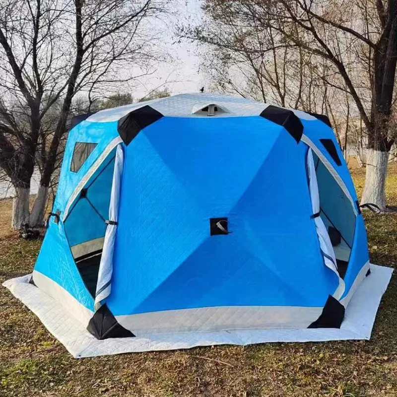 Outdoor Hexagon hub tent portable Up custom cube hiking insulated ice fishing tent 6 person winter camping hot tent with chimney