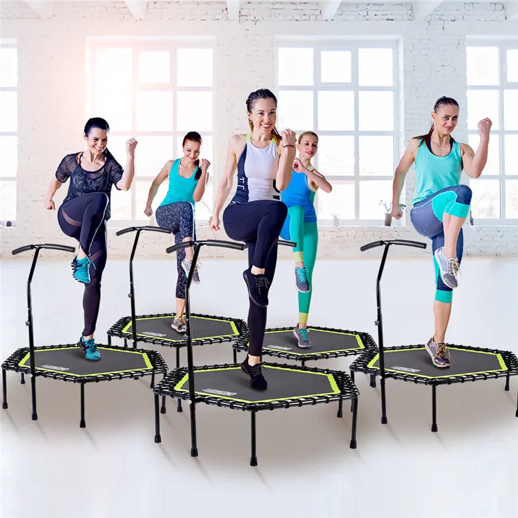 onetwofit quality factory price Hexagonal elastic rope commercial model with armrest ultra-quiet bounce bed  Fitness Trampoline