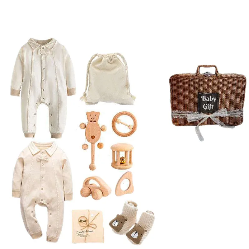 New Luxury rattan box unisex crochet newborn clothes baby gift set jumpsuits & rompers with wooden toys
