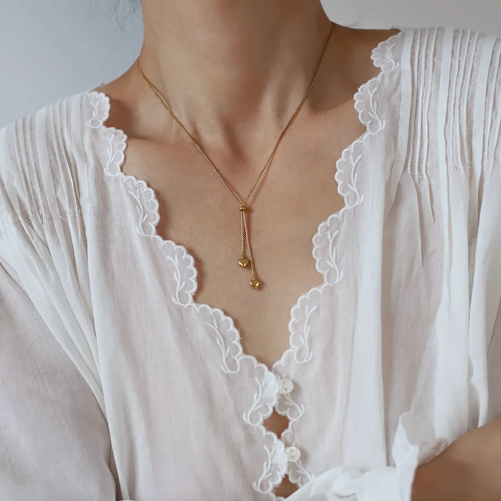 Double heart charms long tassel adjustable slider ball chains love pendant 18k gold plated stainless steel necklace for women