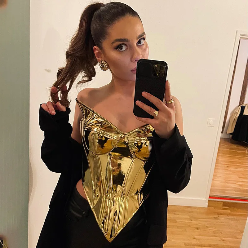 Ladies Latest Design Sexy Deep V Neck Mesh Splicing Tops Women Club Leather Corset Top