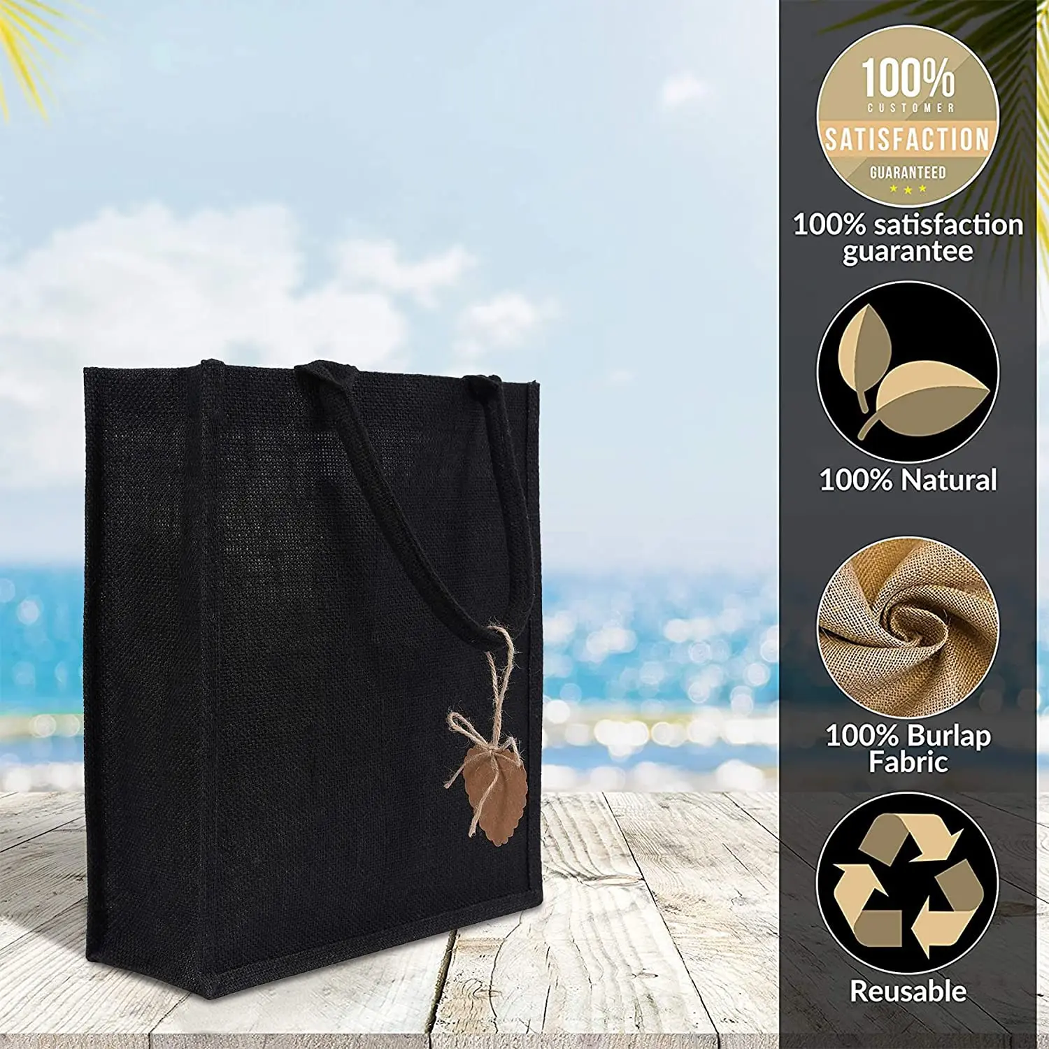 Recyclable foldable portable DIY craft gift bag black linen Jute Shopping Bag jute tote bag