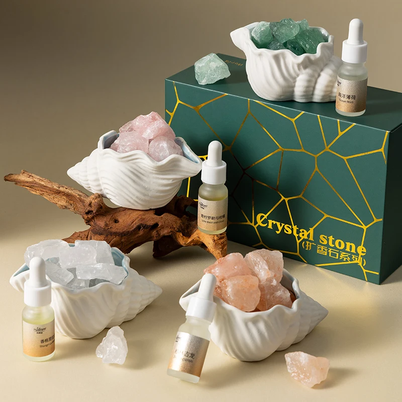 Home Office Use Aromatherapy Passive Essential Oil Stone Diffuser Set With Raw Crystals and Healing Stones