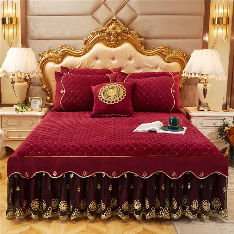 
Europe and America style solid color embroidery lace bed skirt crystal velvet bed skirt 