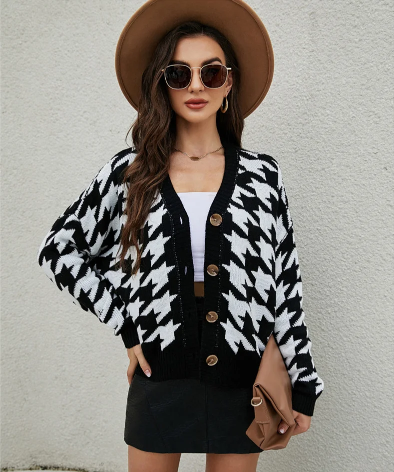 C142 Custom Logo Fashion Women Houndstooth Cardigan Wholesale Design Autumn Sweater