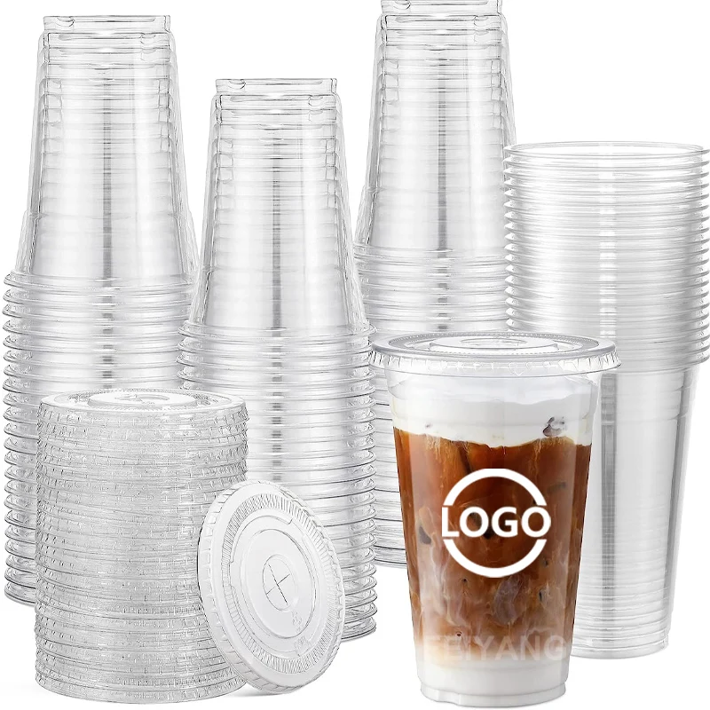 Clear Plastic Disposable Plastic Cups For Iced Coffee Bubble Boba Milk Tea Smoothie With Flat Lids Or Dome Lids Custom Logo