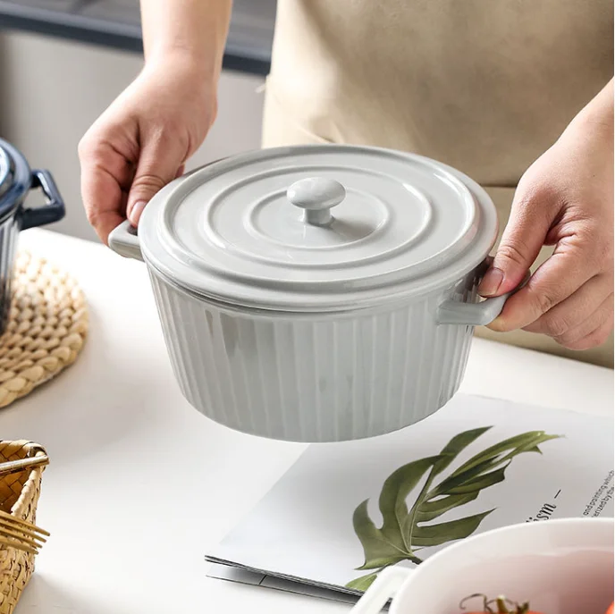 Nordic style simple ceramic instant noodles bowl with handle large household soup bowl