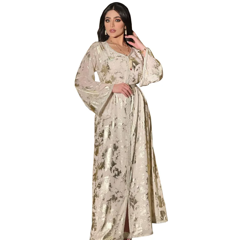 Осенняя коллекция для женщин в простом стиле Dubai Abaya с поясом и V-образным вырезом повседневные платья длинными рукавами размер L