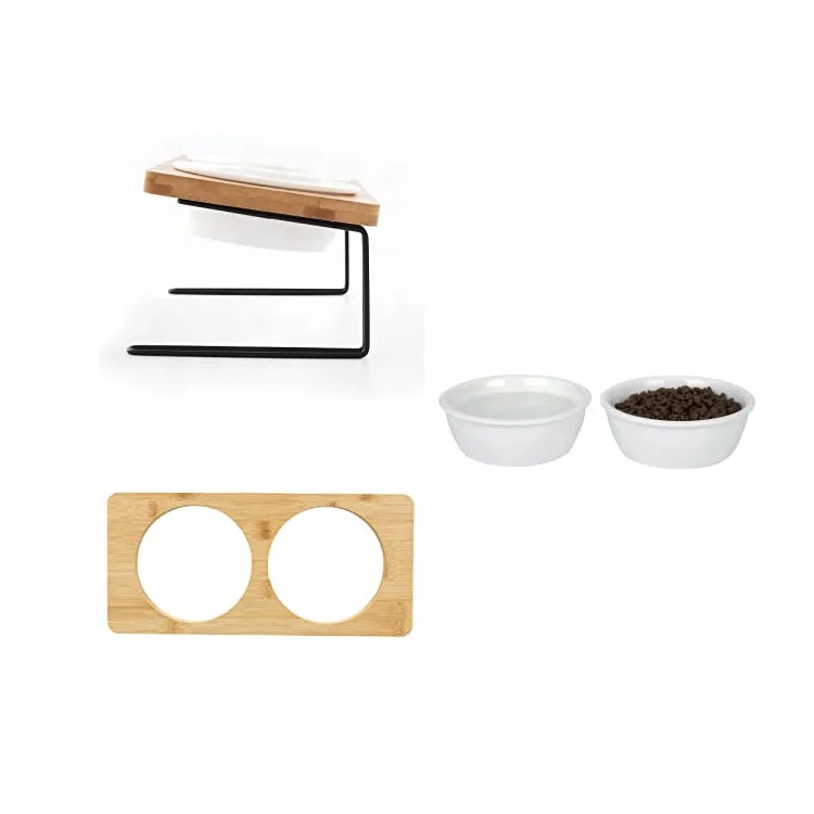 Sohpety White Ceramic Elevated Pet Food Feeding Dishes Solid Bamboo Feeder Set Dog Bowl With Stand