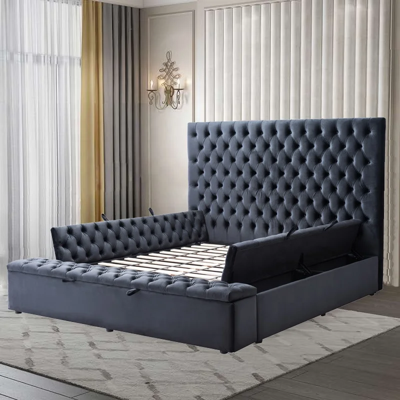 Dingzhi High Quality Bedroom Furniture Luxury High Headboard Blue King Fabric Camas Latest Modern Double Bed