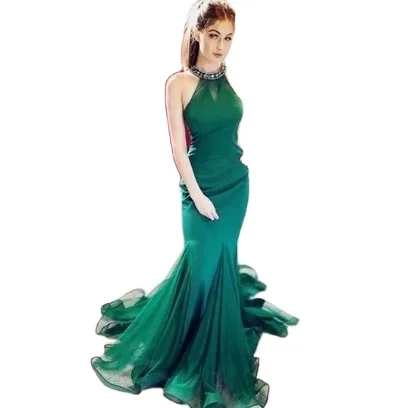 Потрясающее зеленое платье с лямкой на шее для выпускного вечера с бисером вечернее платье русалки из тюля