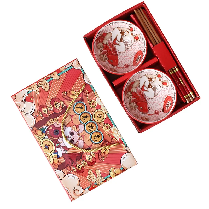 2023 Rabbit Year Ceramic Bowl Gift Set 4.5inch Rabbit Bowls with Chopsticks for Chinese New Year OEM LOGO