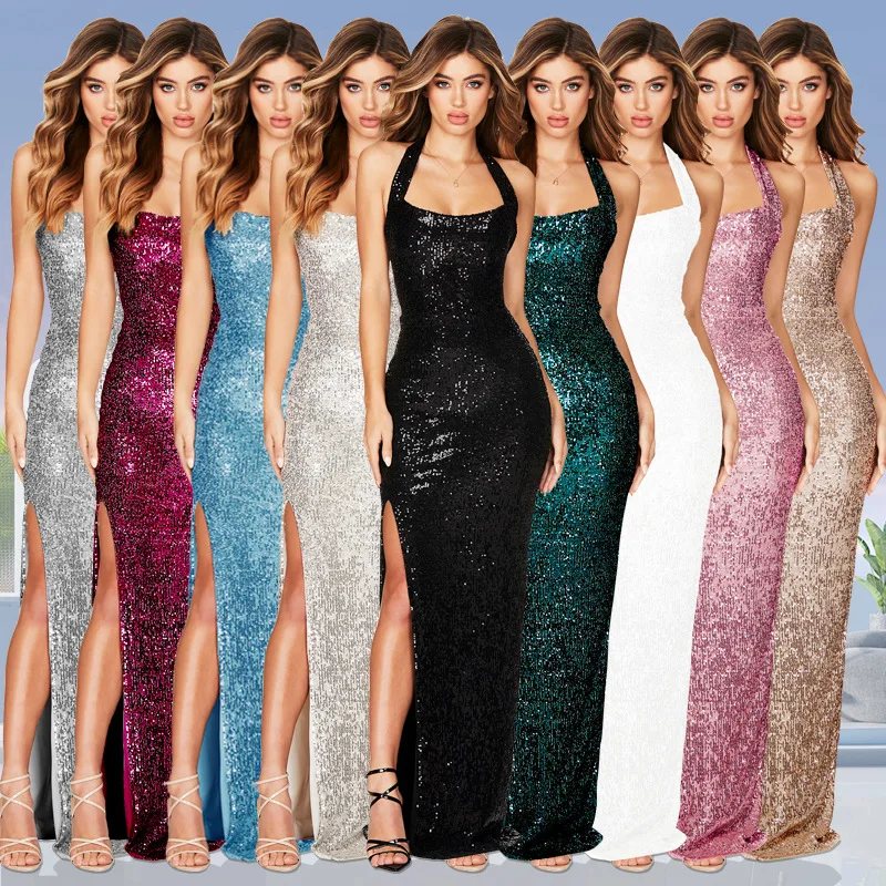 Женское вечернее платье с высоким разрезом, элегантное облегающее платье макси цвета розового золота цвета шампанского с открытой спиной и лямкой на шее, лето 2023