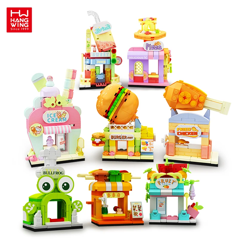 HW TOYS DIY bricks 8 In 1mini street view city corner building blocks sets assemble girls food dessert store  toys for kids
