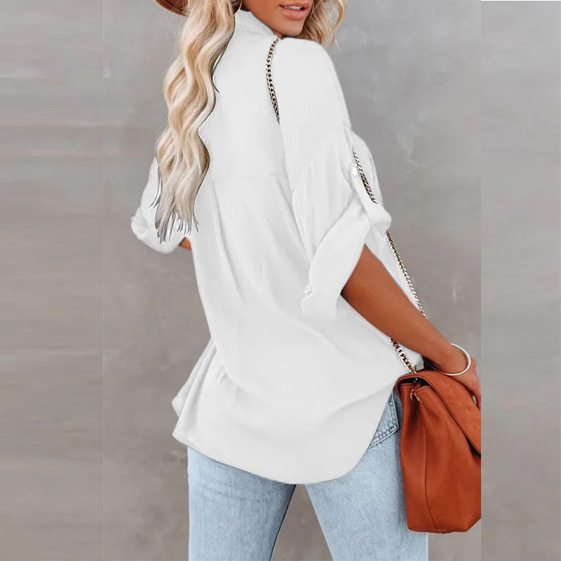 Hot Sale Casual Button Up Woman Work Shirt Solid White Long Sleeve Work Formal Shirts For Women
