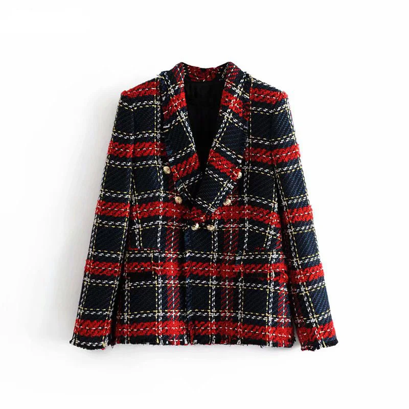 Fashion Za Vintage Women Patchwork Plaid Tweed Jacket Double Breasted Pocket Long Sleeve Female Coat Casaco Femme Blazerfenimino