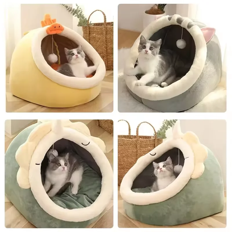 New Cartoon Cute Little Dinosaur Shape Pet Cat House Supplies All Seasons Warm And Comfortable Pet Cat Bed