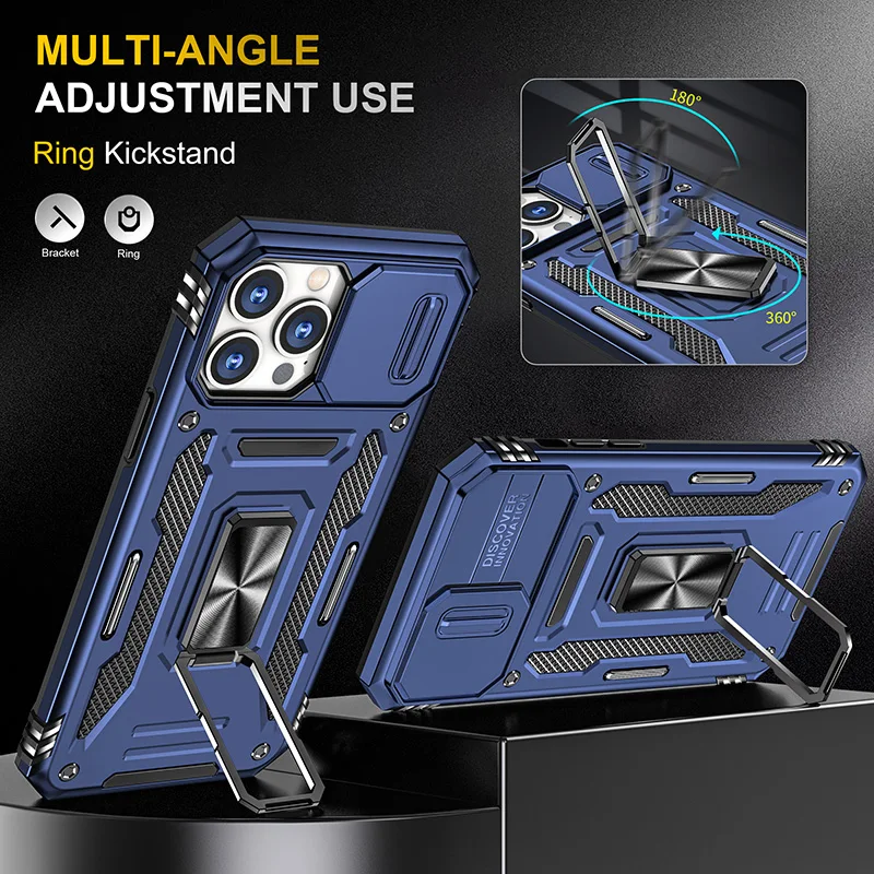 Slide camera cover military shockproof mobile phone case for iPhone 13 Pro Max folding stand car magnetic cover