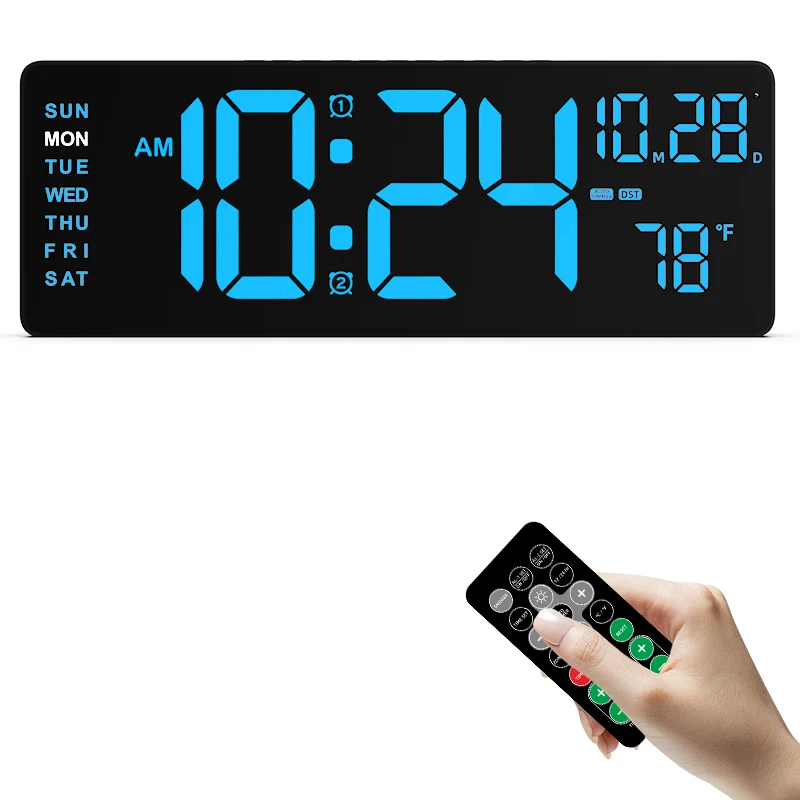 Large Wall Electrical Clock Calendar Day Digital Green Lede Wall Clock Temperature with Remote Control Alarm Clock