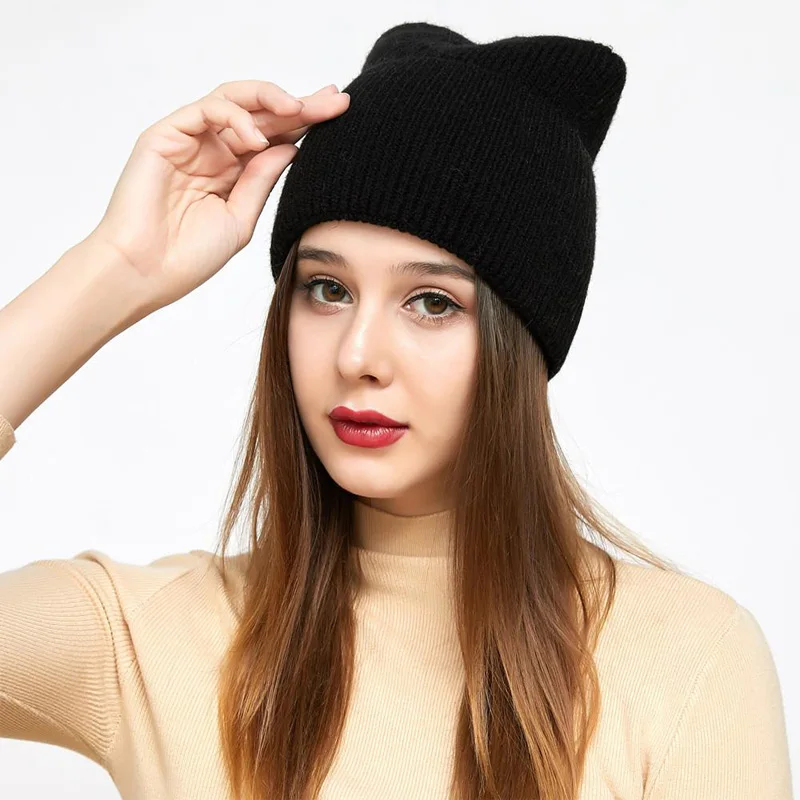 FYB beanie manufacturer custom logo blank acrylic knit beanie with ears cute cat ear beanie women