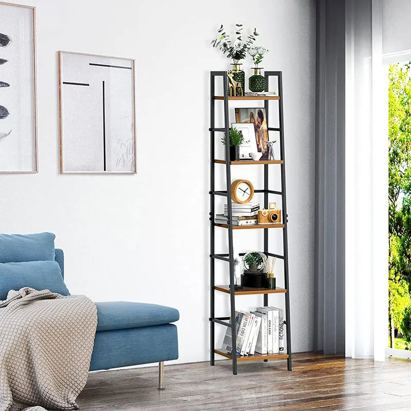 5 Tier Industrial Bookshelf Rustic Wood Bookcase Metal Tall Bookshelf Living Room Storage Rack